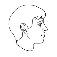 Hand drawn model of human head in side view. Black and white outline flat vector drawing isolated on white background. EPS 8.