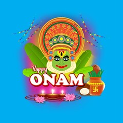 vector illustration of greeting for south Indian festival Onam with kathakali face.