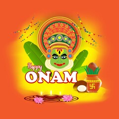 vector illustration of greeting for south Indian festival Onam with kathakali face.