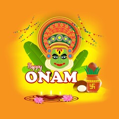 vector illustration of greeting for south Indian festival Onam with kathakali face.