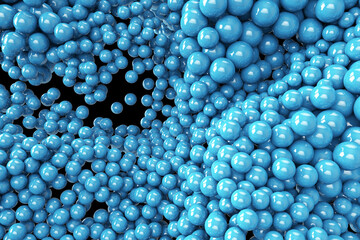 Abstract background with dynamic 3d spheres. Plastic blue bubbles. 3D illustration of glossy balls. Bouncing particles. Modern trendy banner or poster design
