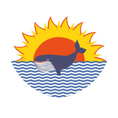 Whale and sunrise sign. Abstract nautical landscape. Vector illustration.