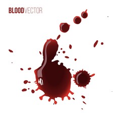 Blood drops. Red splattered stains, splash, drip liquid spots vector illustration. Murder crime scene textures on white background. Horror bloody scary collection of bloodstains