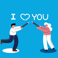 The couple holding pencil and write text &ldquo; I love you&rdquo; 