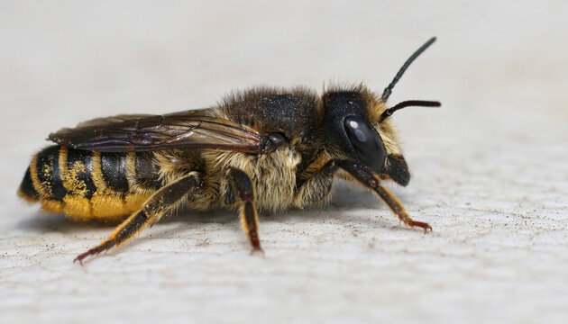 Close up of a female banded bee , Megachile ericetorum resting on wood