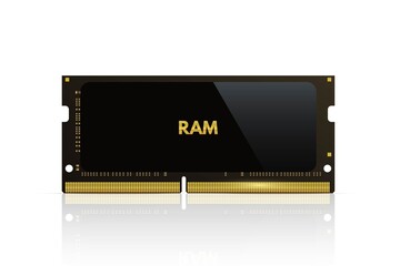 Ram memory chip. Computer memory part vector illustration. PC black electronic flash card with information on white background. Internal hardware technology with data storage