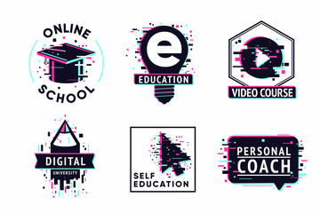 E-learning emblem set. Internet study concept. Digital university vector illustration. Online school icon set.