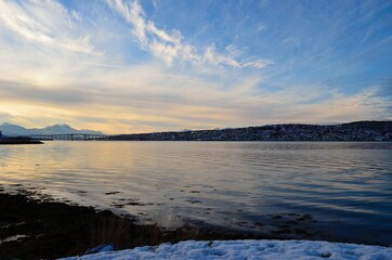 tromsoe city island in northern Norway on a blue cold winter day