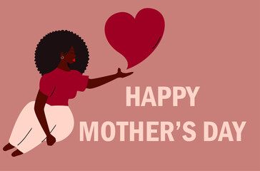 Happy international mother's day card greeting invitation. Flat female character of an African American latino woman sitting with a red heart. Women's empowerment movement and equality concept.