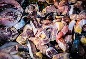 
Fish cut into pieces for sale in a fresh market in Bangkok, Thailand.