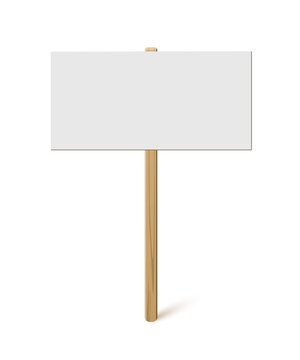 Blank banner on wood stick mock up. Vector empty board plank holder template. Protest sign isolated on white background.