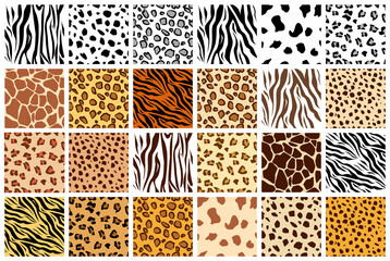 Animal seamless pattern set. Mammals Fur. Collection of print skins. Predators. Cheetah, Giraffe, Tiger, Zebra, Leopard, dalmatian, cattle, Jaguar. Printable Background. Vector illustration. - obrazy, fototapety, plakaty