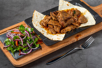 Traditional Turkish Liver kebab cuisine. Leaf Liver spicy. Delicious turkish ciger.