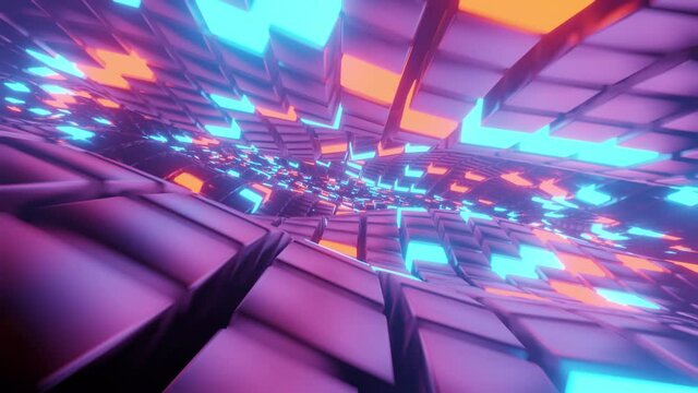 Abstract 3D render of neon cubes and squares. Blue and purple neon shapes futuristic hi-tech motion background. Video render of 3d animation. Flying through the colorful tunnel.