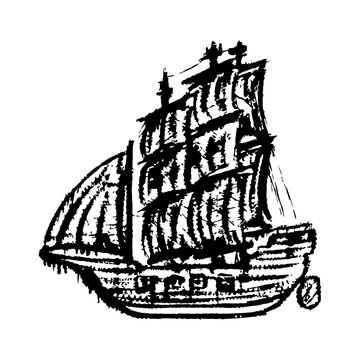 recommend clip art: Old wooden sailing ship. Black outline linear sketch drawing. Front view. Vector flat graphic hand drawn illustration. The isolated object on a white background. Isolate.
