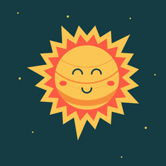 Vector kids  illustration with sun. Smiling planet or star in cosmos shines. Isolated character