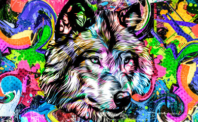 wolf head with creative abstract elements on white background