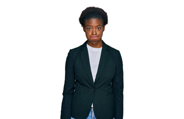 Young african american girl wearing business clothes puffing cheeks with funny face. mouth inflated with air, crazy expression.