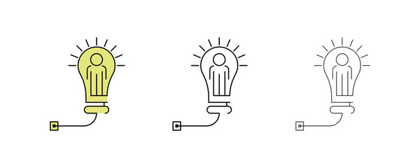 Human symbol inside light bulb of different thickness and color. The person who finds ideas and does research is in the light bulb. Teamwork Vector Icons. Editable Stroke. Modern line art icon set.