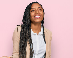 African american woman wearing business jacket smiling cheerful with open arms as friendly welcome, positive and confident greetings