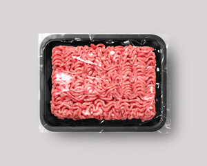 Food packaging isolated with beef steak, pork and chiken meat top view - 411226786