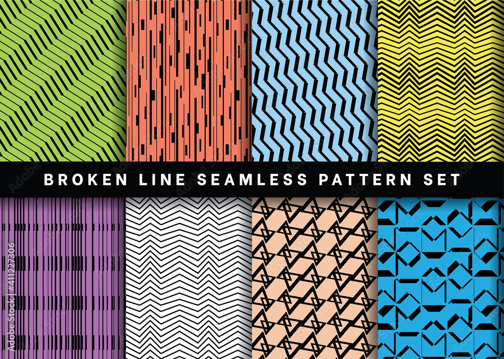 Wall mural seamless broken line pattern collection, set of geometric broken line pattern vector on colorful bac