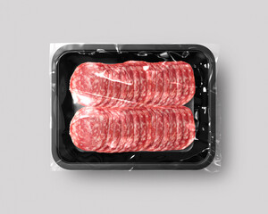Food packaging isolated with chicken, pork, beef slices top view