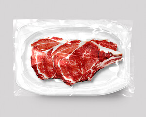 Black Food packaging isolated with beef meat tenderloin top view