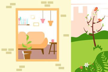 Vector Illustration of a living room with furniture in the window. Cozy interior in a flat style.  Spring cute illustration.