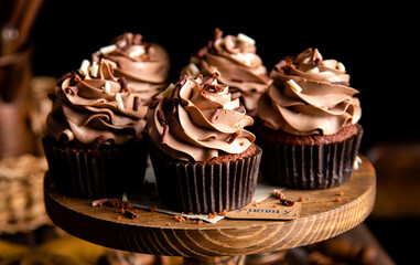 homemade tasty chocolate cupcakes with chocolate cream on wooden cake stand on rustic table. selective focus