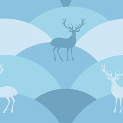 Deers on hills. Vector color blue image seamless pattern.