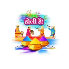 Vector illustration of Happy Holi greeting, written text means it's Holi, Festival of Colors, festival elements with colorful Hindu festive background