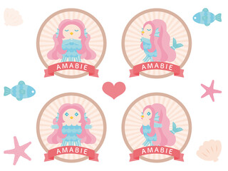 日本の妖怪アマビエのイラストセット 円形のアイコンバージョン