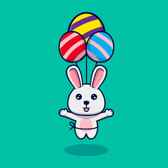 Cute bunny floating with easter eggs balloon design icon illustration