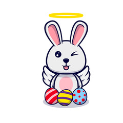 Cute angel bunny  with decorative eggs for easter day design icon illustration