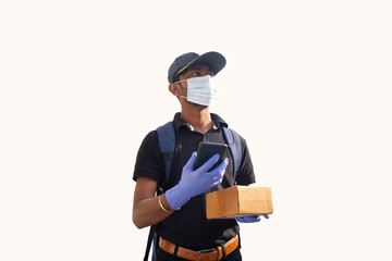 Indian delivery man holding Cardboard Box with something in mobile phone