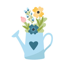 Flower bouquet in the blue watering can. Cute springtime flat hand drawn cartoon style  vector illustration isolated on white background. 