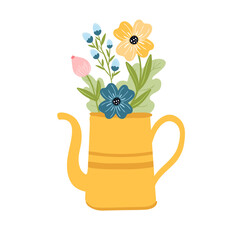 Flower bouquet in the yellow watering can. Cute springtime flat hand drawn cartoon style  vector illustration isolated on white background.  © Alina Mosinyan