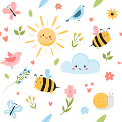 Cute spring seamless pattern with bees, sun, cloud, birds and flowers. Flat hand drawn cartoon style vector illustration. Adorable Childish pattern for fabrics, textile, wrapping, background.
