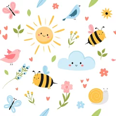 Gardinen Kinderzimmer Muster  Cute spring seamless pattern with bees, sun, cloud, birds and flowers. Flat hand drawn cartoon style vector illustration. Adorable Childish pattern for fabrics, textile, wrapping, background.   © Alina Mosinyan