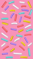 Doughnut glaze vertical background with sprinkles. Sweet pink donut cream pattern. 3d realistic vector.