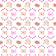 Watercolor seamless pattern with envelopes, gift boxes and pink hearts. Hand drawn wedding illustration on white background. Romantic design for fabric, textile, wrapping, wed design, wallpaper, print