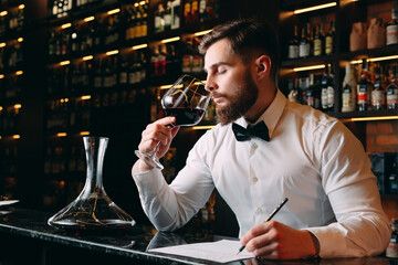 Young handsome man sommelier tasting red wine in cellar. - obrazy, fototapety, plakaty