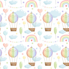 Rainbow color seamless pattern with hot air balloon, rainbow, balloons, clouds, garland on white background.