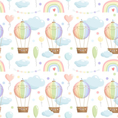 Rainbow color seamless pattern with hot air balloon, rainbow, balloons, clouds, garland on white background.