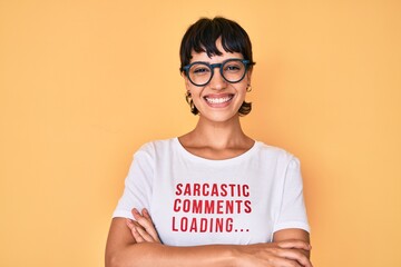 Beautiful brunettte woman wearing sarcastic comments loading t-shirt happy face smiling with...