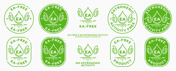 Concept for plastic products. Labeling - no estrogenic activity. The chemical flask icon with wings, EA abbreviation and a flowing ingredient line is a symbol of freedom. Vector set.