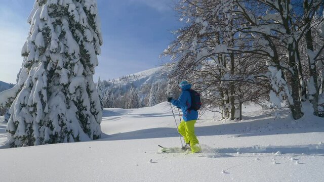 SLOW MOTION: Young man hikes in the pristine white countryside to splitboard off piste in scenic Julian Alps. Active male tourist on ski touring vacation in rural Slovenia hikes in deep powder snow.
