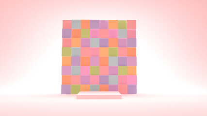 Rectangular multicolored mosaic podium for displaying goods and products. Square rainbow stand on a white background. Empty stage for advertising. 3d render.