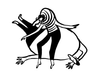 drawing picture a man tiptoeing near a lying man, sketch, hand drawn comic cartoon illustration